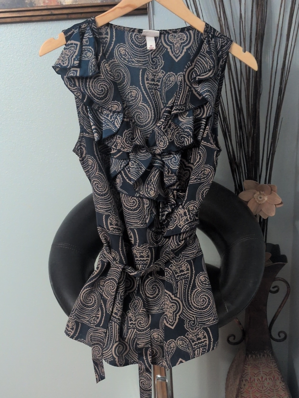 Merona Navy Paisley Ruffle Dress Tank with Cream Accents